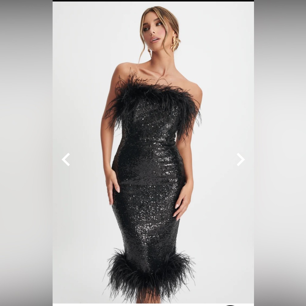 Fully Sequined midi dress with feather detailing